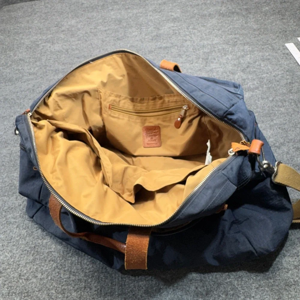 J Crew Harwick Duffle Bag Blue Brown Leather Trim Travel Weekender Overnight
